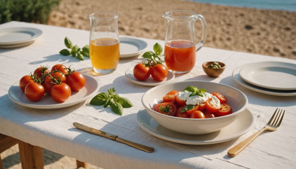 Calm terrace table set with a fresh tomato and ricotta bowl and a glass of water, overlooking the Maltese sea