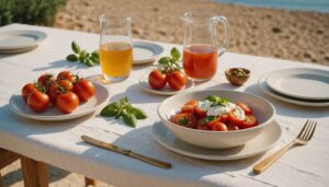 Calm terrace table set with a fresh tomato and ricotta bowl and a glass of water, overlooking the Maltese sea
