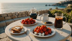 Terrace table with a balanced Mediterranean plate beside a small dish of dark chocolate and water, overlooking the sea