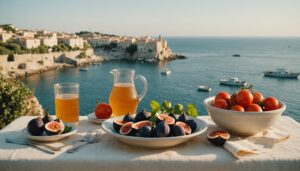 Sunlit Maltese limestone terrace table with fresh figs, tomatoes, olives, water jug and tumbler, sea in the distance