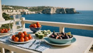 Mediterranean terrace table with fresh figs, vegetables, grilled fish and water, overlooking the sea in warm light