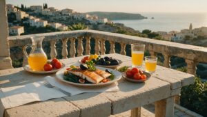 Mediterranean meal of grilled fish, vegetables and figs on a sunlit limestone terrace table overlooking the sea in Malta
