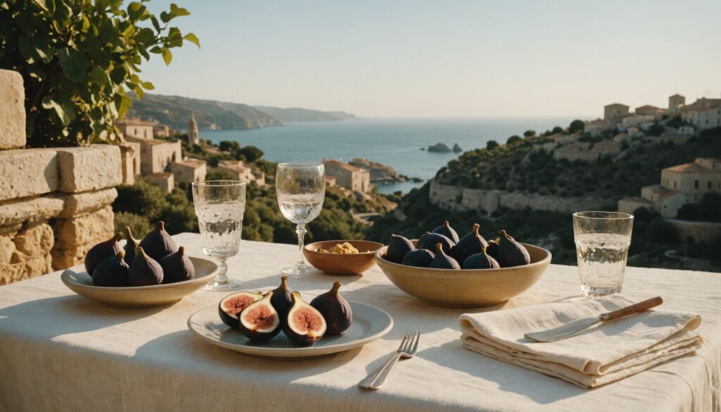Calm terrace table with figs, ricotta, bread and water, overlooking the sea in warm Maltese evening light