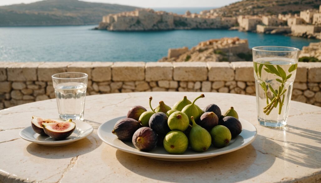 Afternoon snack of figs, cheese, almonds and olives with lemon water on a sunlit Maltese limestone terrace table