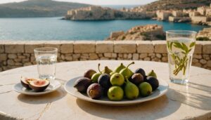 Afternoon snack of figs, cheese, almonds and olives with lemon water on a sunlit Maltese limestone terrace table