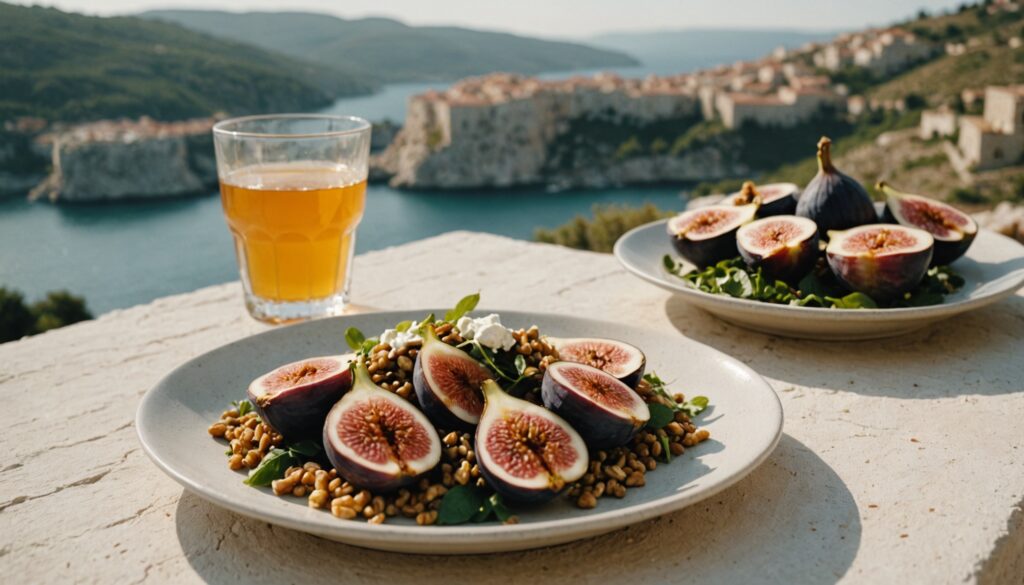 Mediterranean breakfast of figs, ricotta, walnuts and lentil salad on a sunlit limestone terrace table overlooking the sea